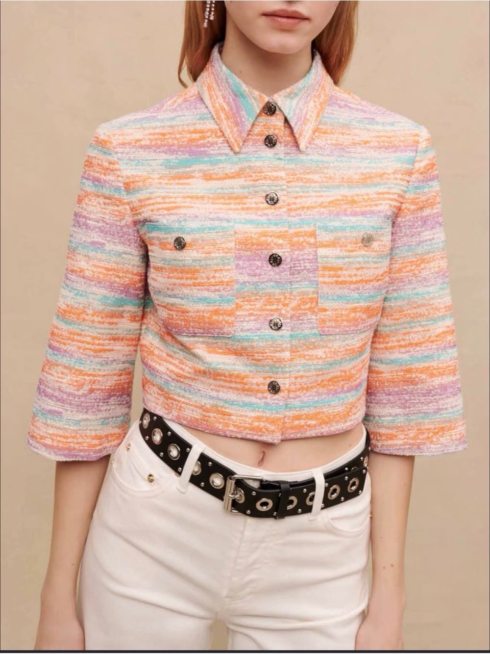 MAJE
Cropped Tweed Tailored Jacket In Yellow Orange
